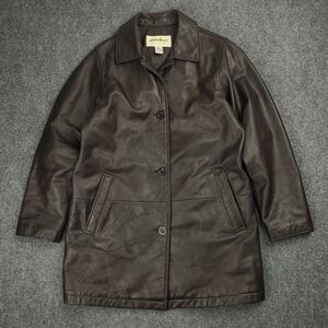 Eddie Bauer Leather Car Coat Jacket Womens Medium Tall Brown Button Up Classic